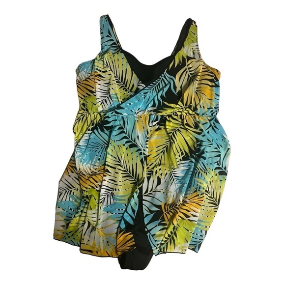 Denim & Co. Beach Printed Tropical Palm V-Neck Surplice Swim Dress Size 16 - Picture 4 of 14